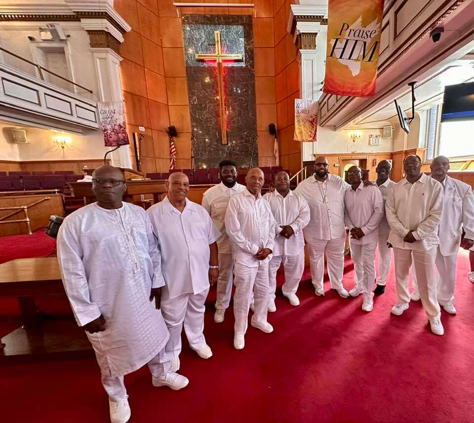 Church men in white robe clothing